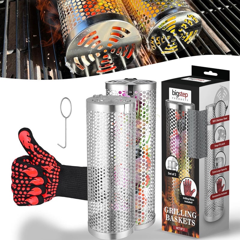 BigStep Large Capacity Round Grilling Baskets (2 Pcs) with Snap-Fit Latch - XL Grill Basket with USA Flag engraving - Includes Heat-Resistant Grilling Glove and Lifting Hook - Image 4